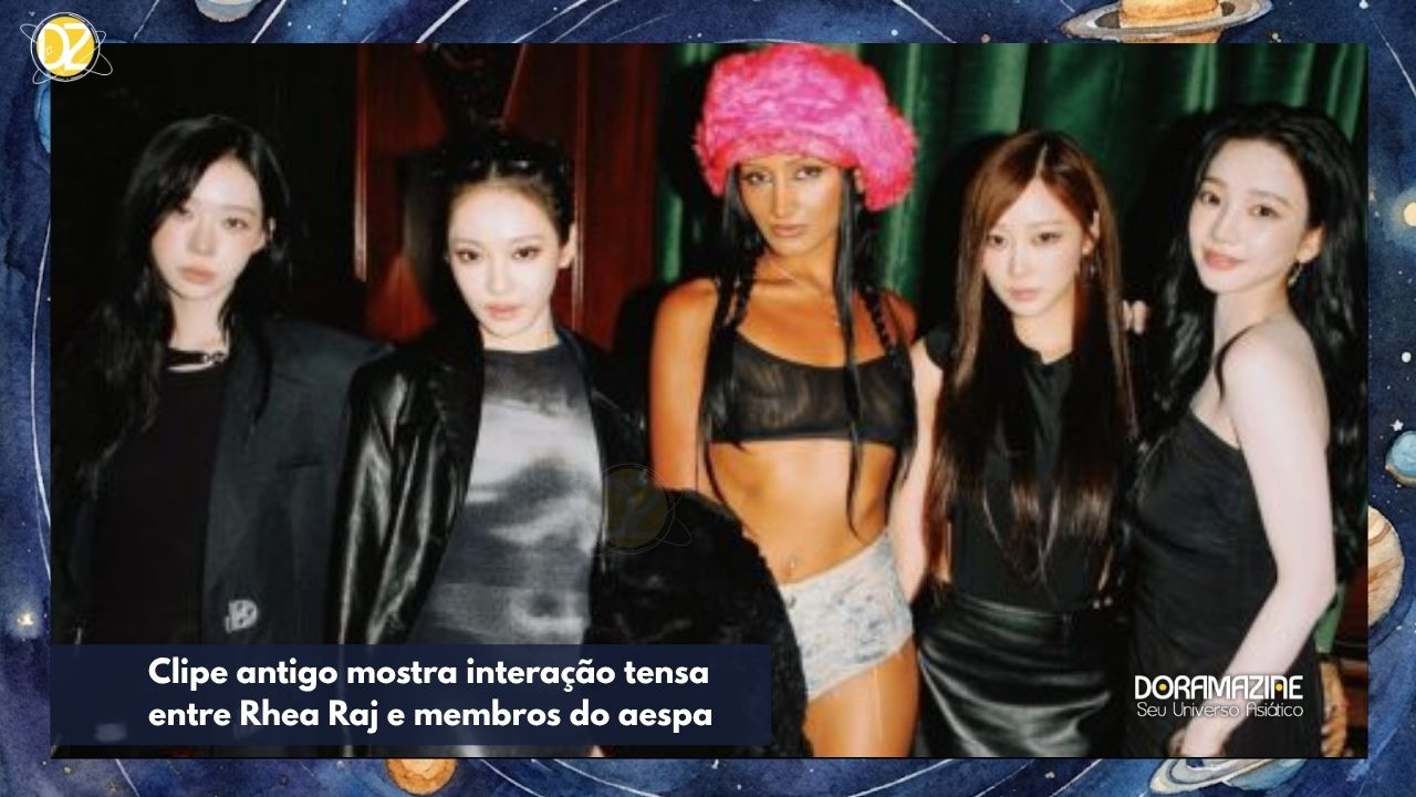 Clipe antigo mostra interação tensa entre Rhea Raj e membros do aespa; fãs acusam Karina de desdém, enquanto outros pedem contexto e cautela.