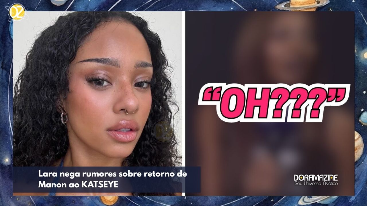 Mulher em close olhando a câmera à esquerda, painel desfocado com texto "OH???" à direita