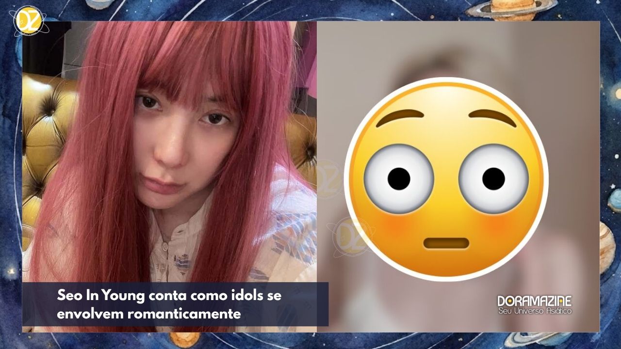 Duas pessoas: uma em close com cabelo vermelho e blusa estampada, outra borrada com emoji