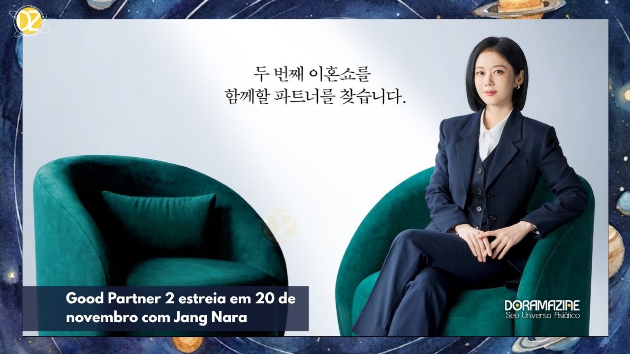 Uma mulher de terno sentada de pernas cruzadas em poltrona verde com texto coreano