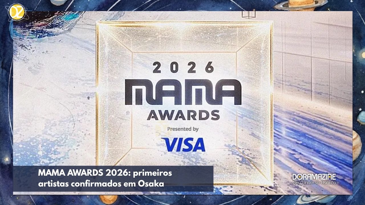 Sem pessoas, quadro luminoso central com '2026 MAMA AWARDS' e logo VISA sobre fundo abstrato