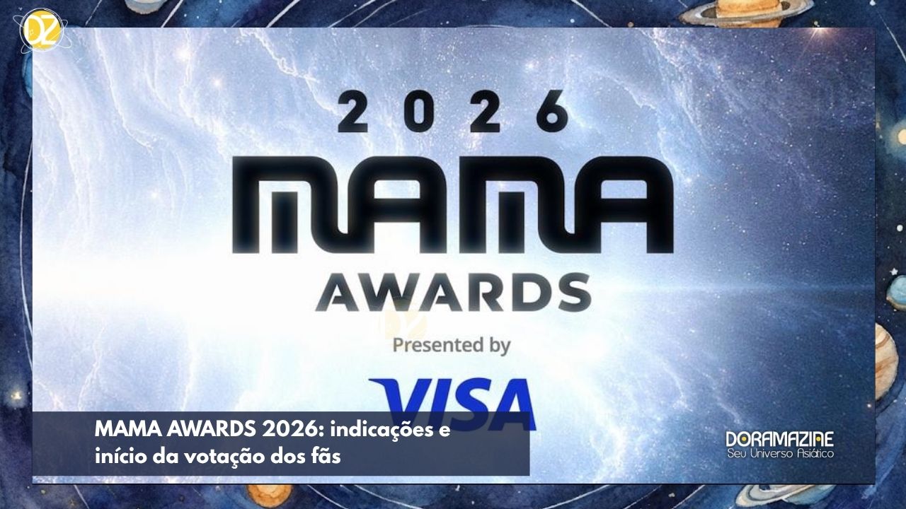 Sem pessoas visíveis, fundo espacial brilhante com texto central '2026 MAMA AWARDS Presented by VISA